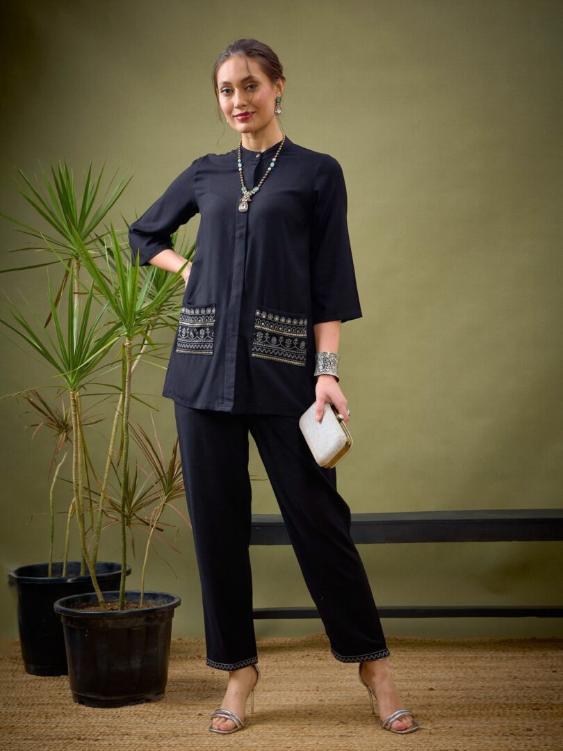 Women Black Embroidered Pocket Shirt With Palazzos