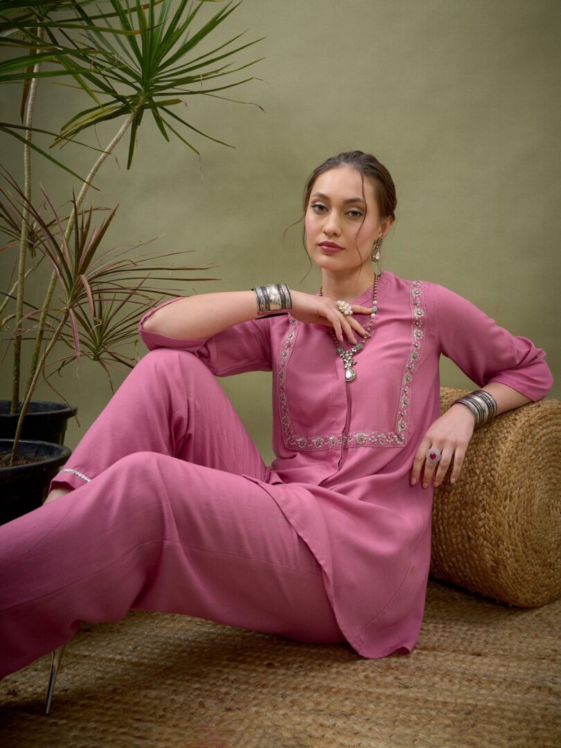 Women Pink L-Shape Embroidered Shirt With Palazzos