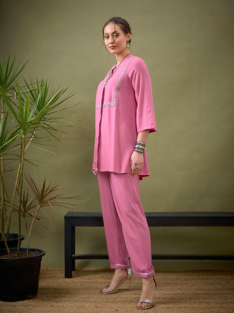Women Pink L-Shape Embroidered Shirt With Palazzos