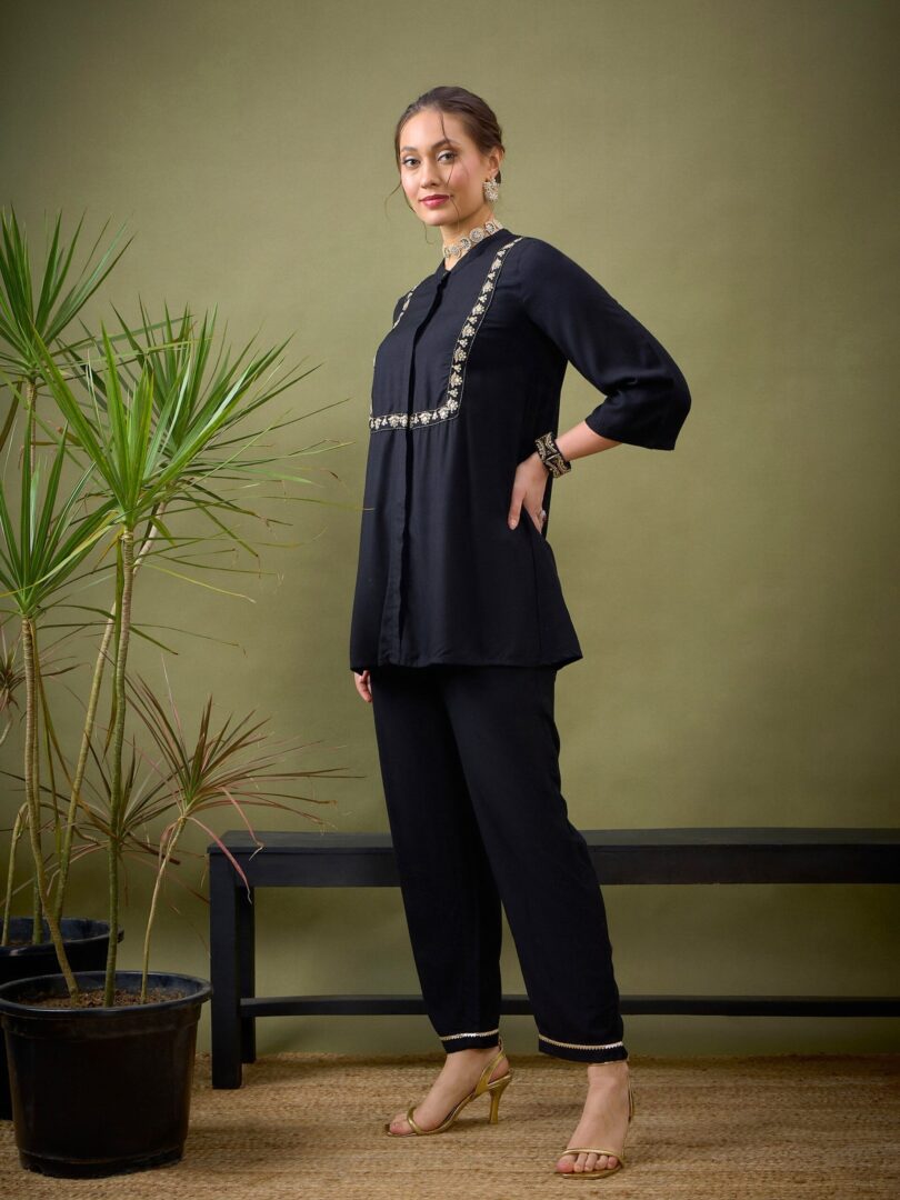 Women Black L-Shape Embroidered Shirt With Palazzos