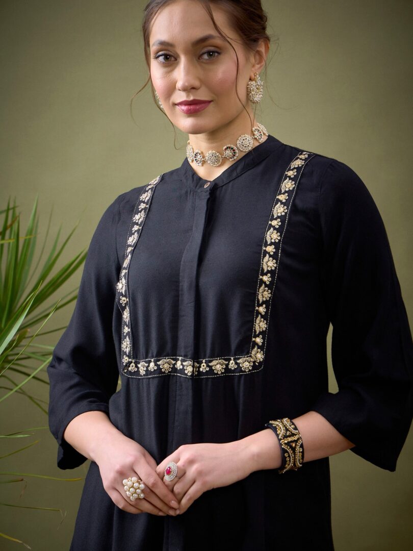Women Black L-Shape Embroidered Shirt With Palazzos