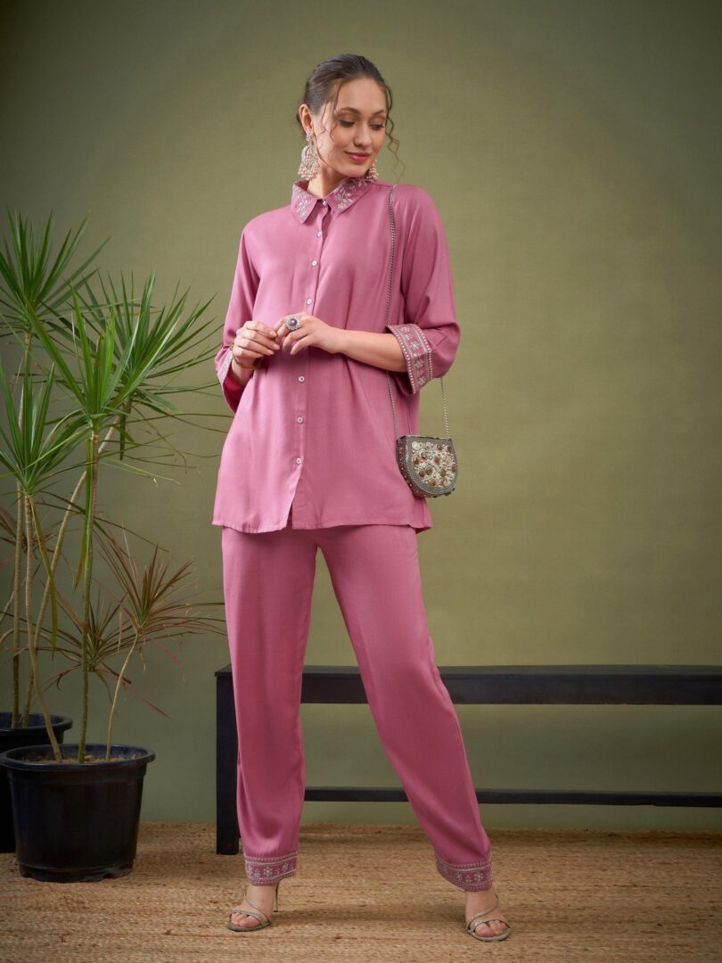 Women Pink Embroidered Shirt With Palazzos