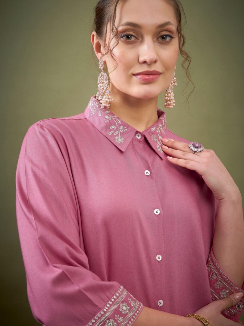 Women Pink Embroidered Shirt With Palazzos