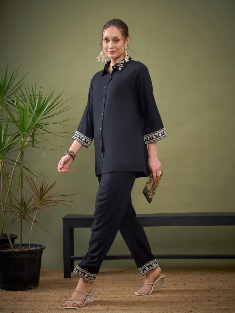 Women Black Embroidered Shirt With Palazzos