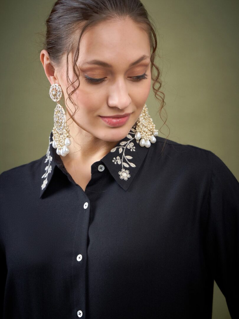 Women Black Embroidered Shirt With Palazzos