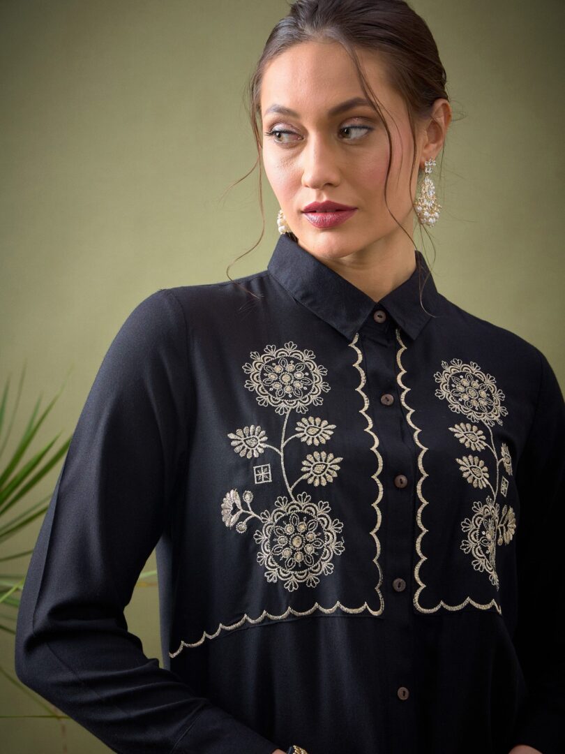 Women Black Rayon Yoke Embroidered Shirt With Palazzos