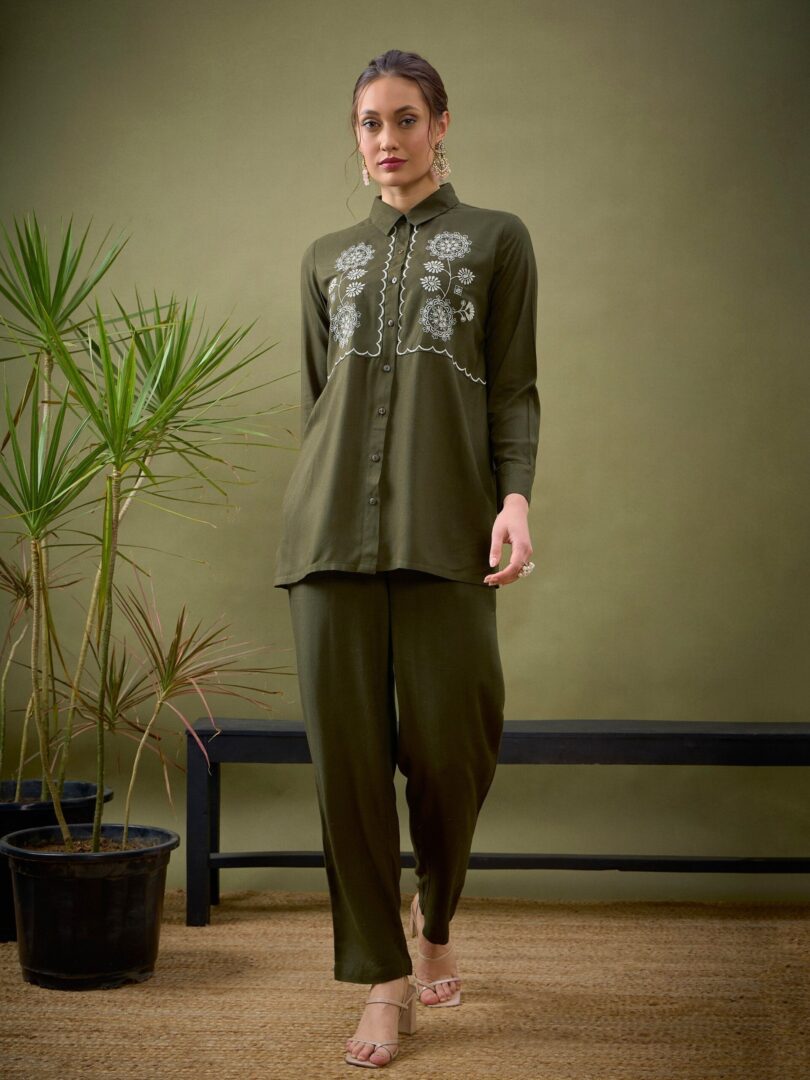 Women Olive Rayon Yoke Embroidered Shirt With Palazzos