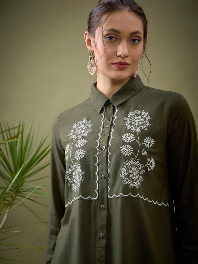 Women Olive Rayon Yoke Embroidered Shirt With Palazzos