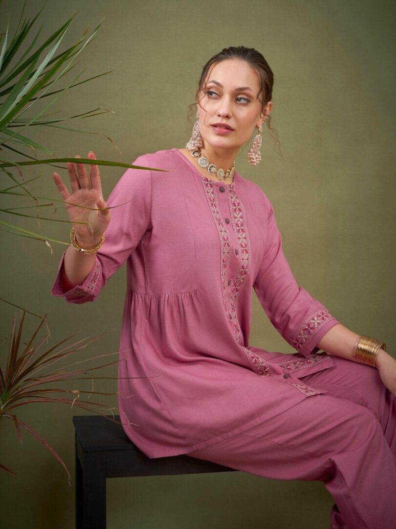 Women Pink Front Embroidered Shirt With Palazzos