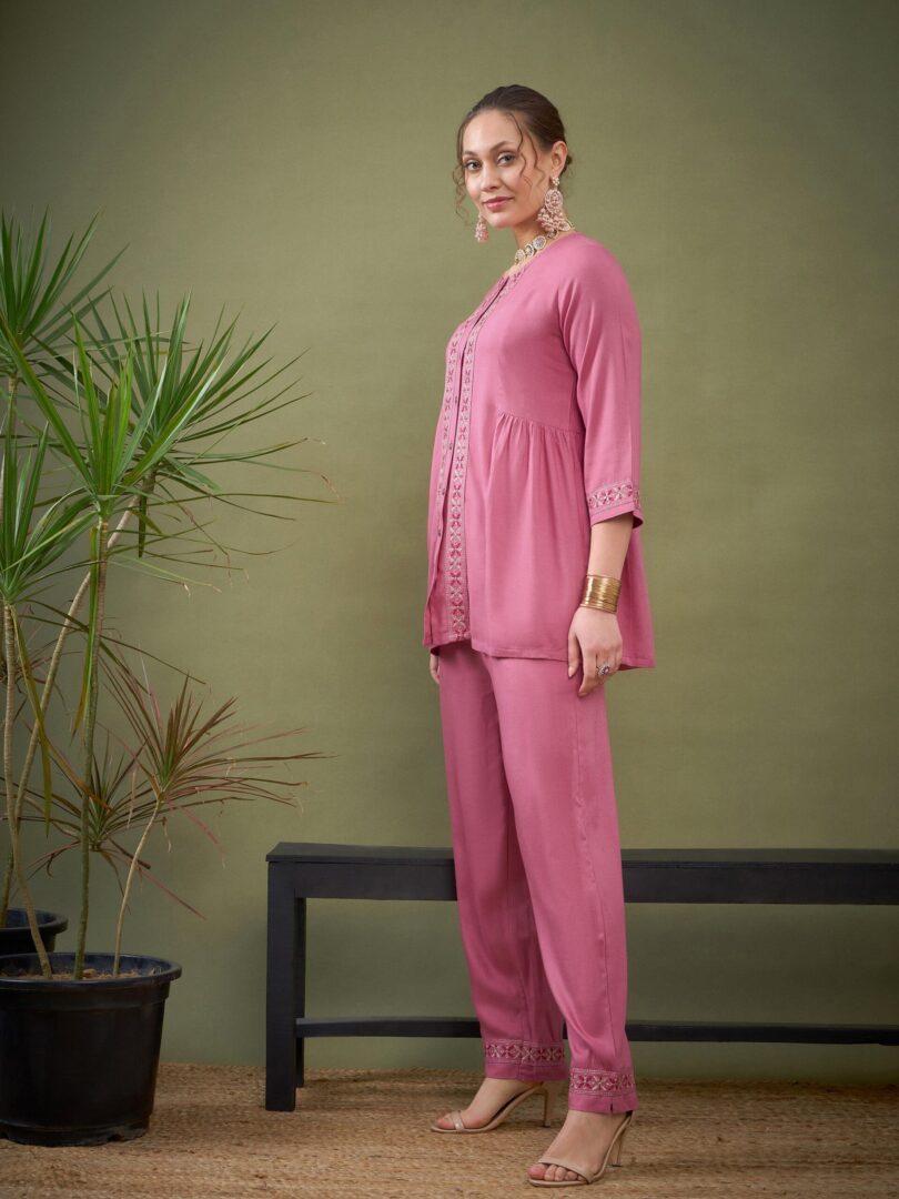 Women Pink Front Embroidered Shirt With Palazzos