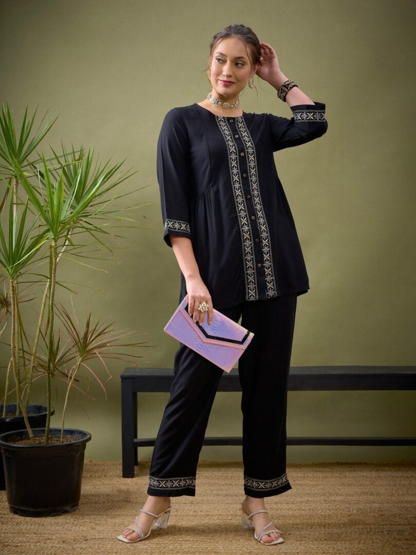 Women Black Front Embroidered Shirt With Palazzos