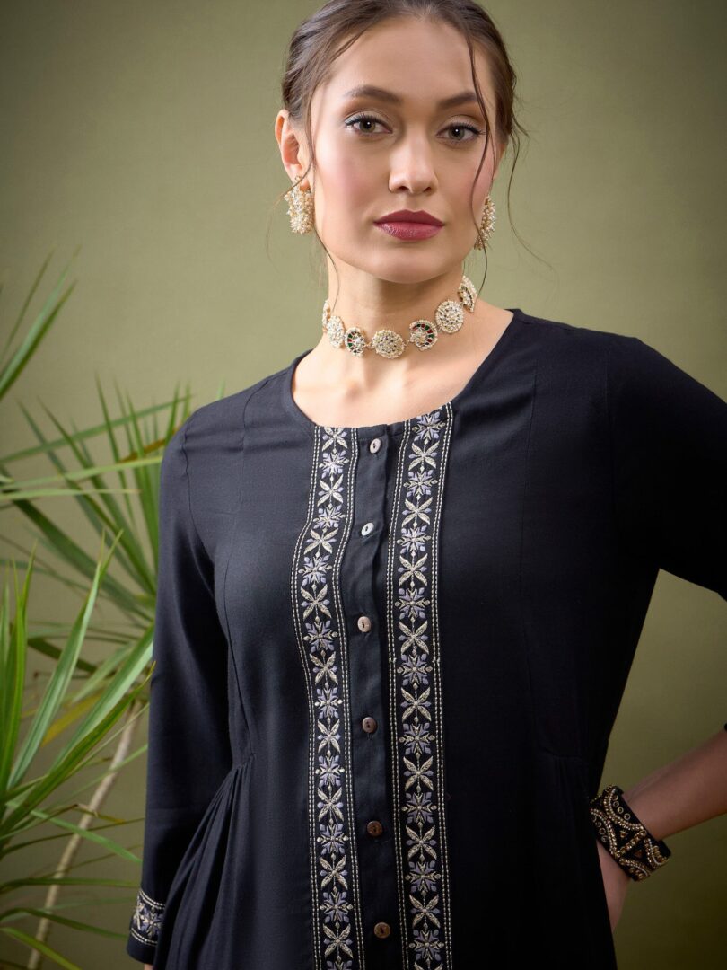 Women Black Front Embroidered Shirt With Palazzos