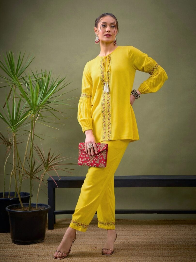 Women Yellow Front Embroidered Shirt With Palazzos