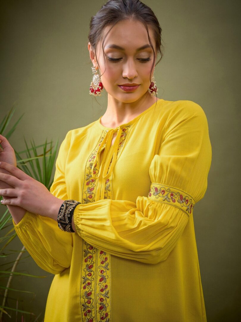 Women Yellow Front Embroidered Shirt With Palazzos