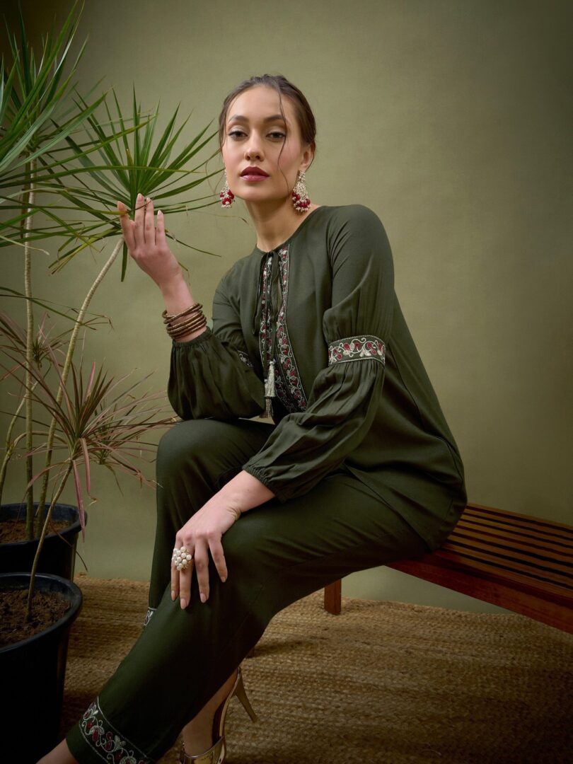 Women Olive Front Embroidered Shirt With Palazzos