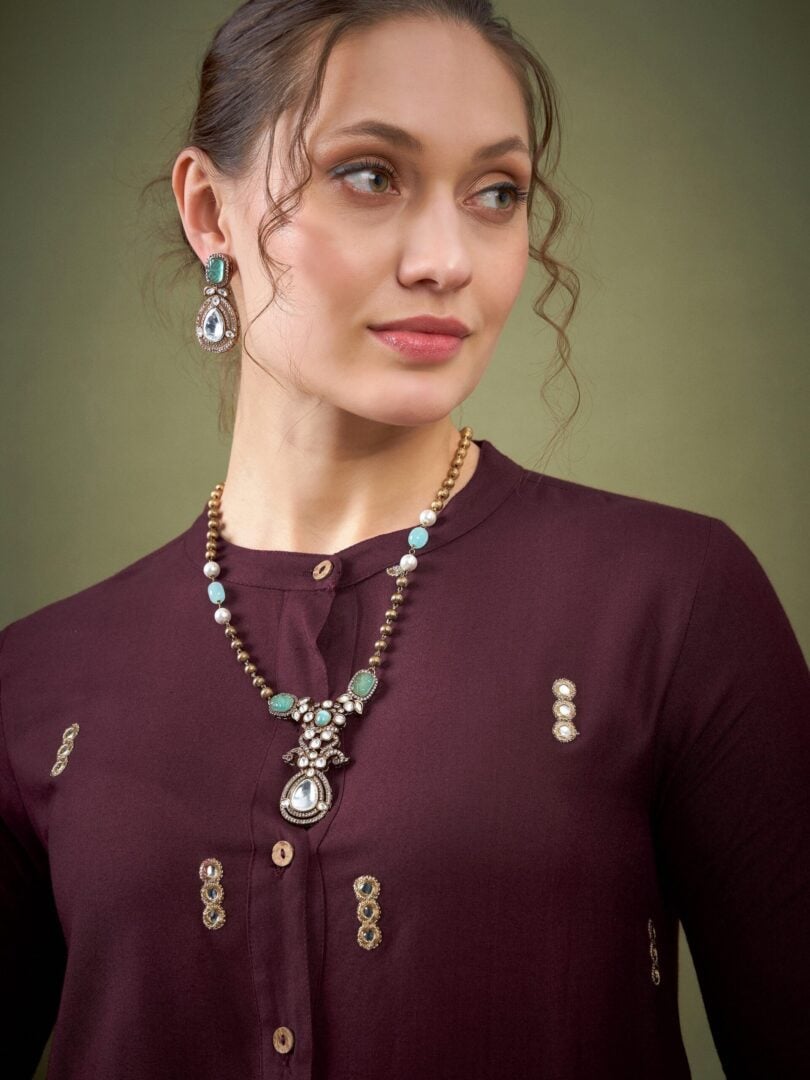 Women Burgundy Rayon Mirror Embroidered Shirt With Palazzos