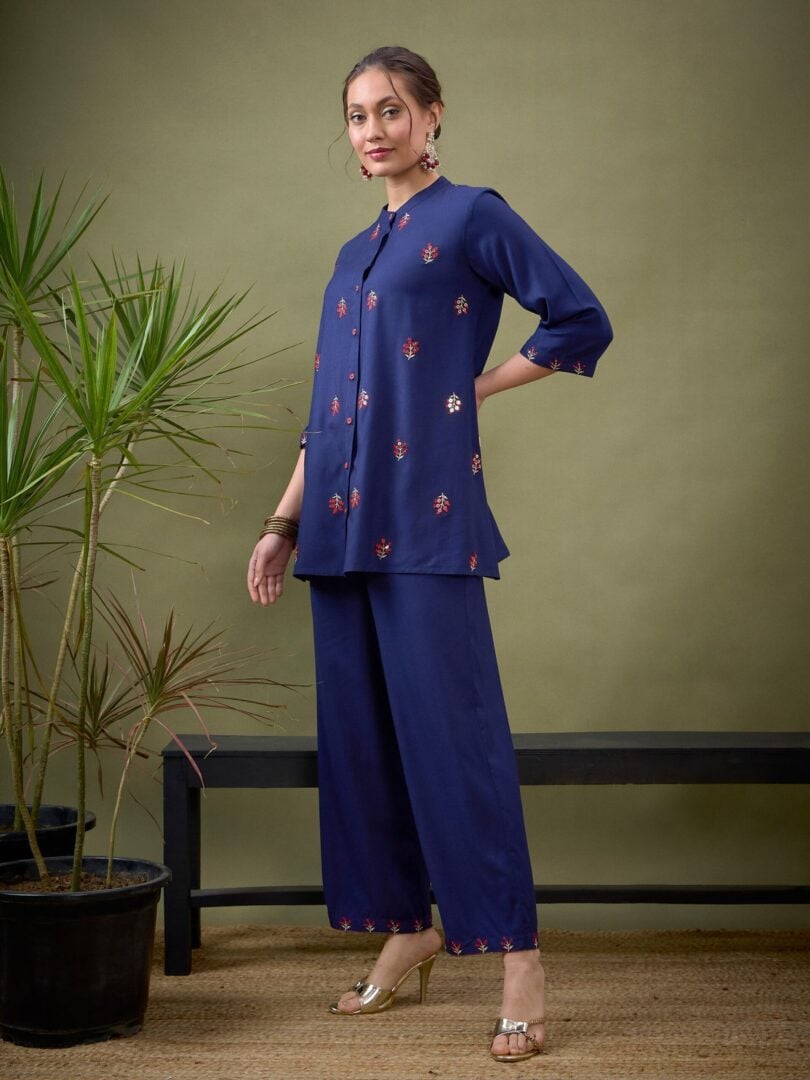 Women Royal Blue All Over Embroidered Shirt With Palazzos