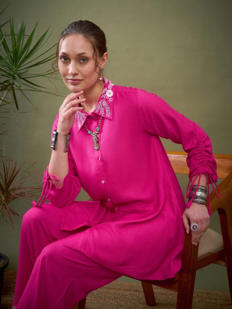 Women Fuchsia Collar Embroidered Shirt With Palazzos