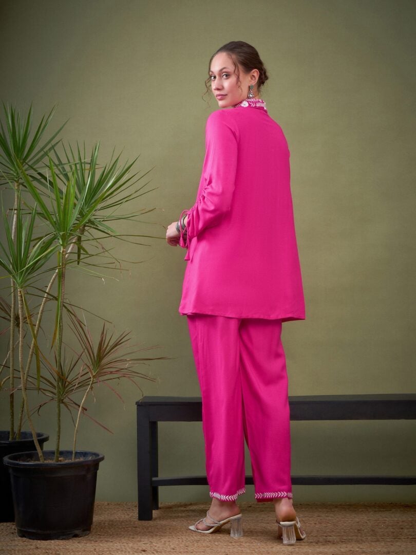 Women Fuchsia Collar Embroidered Shirt With Palazzos