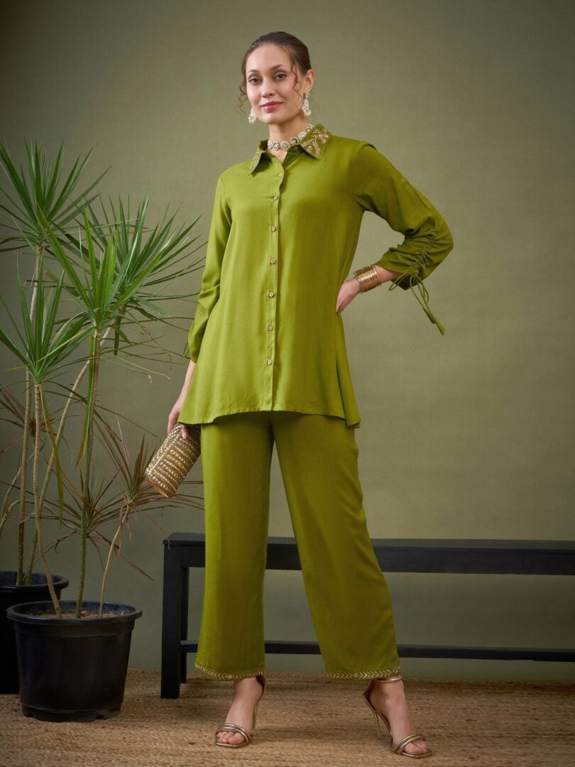 Women Green Collar Embroidered Shirt With Palazzos