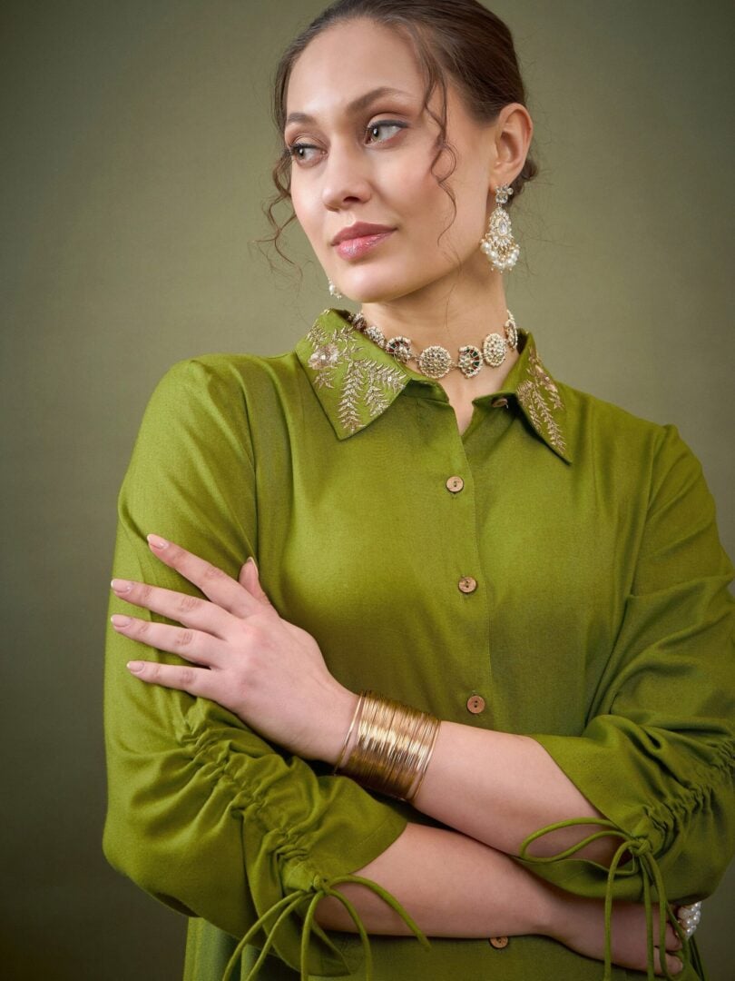 Women Green Collar Embroidered Shirt With Palazzos