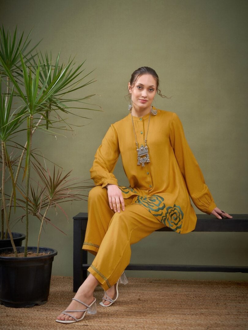 Women Mustard Hem Embroidered Shirt With Palazzos