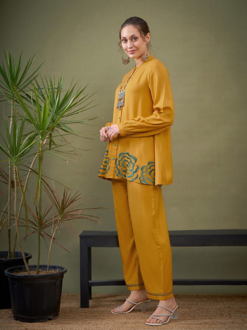 Women Mustard Hem Embroidered Shirt With Palazzos