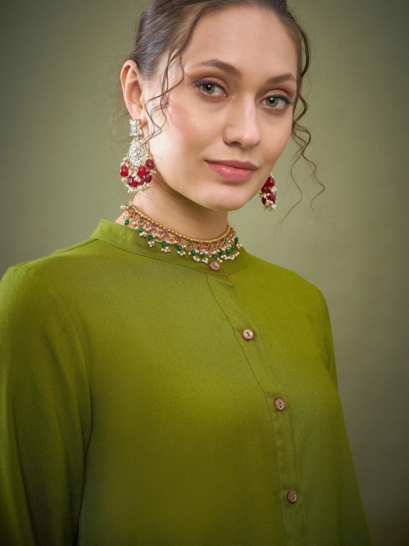 Women Green Hem Embroidered Shirt With Palazzos