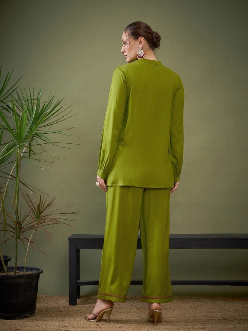 Women Green Hem Embroidered Shirt With Palazzos