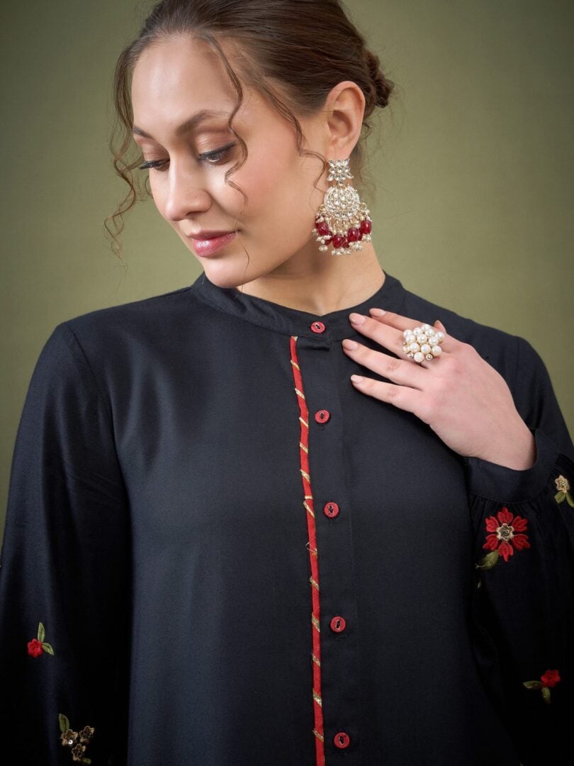 Women Black Sleeve Embroidered Shirt With Cuff Pants