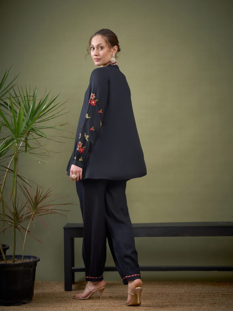 Women Black Sleeve Embroidered Shirt With Cuff Pants