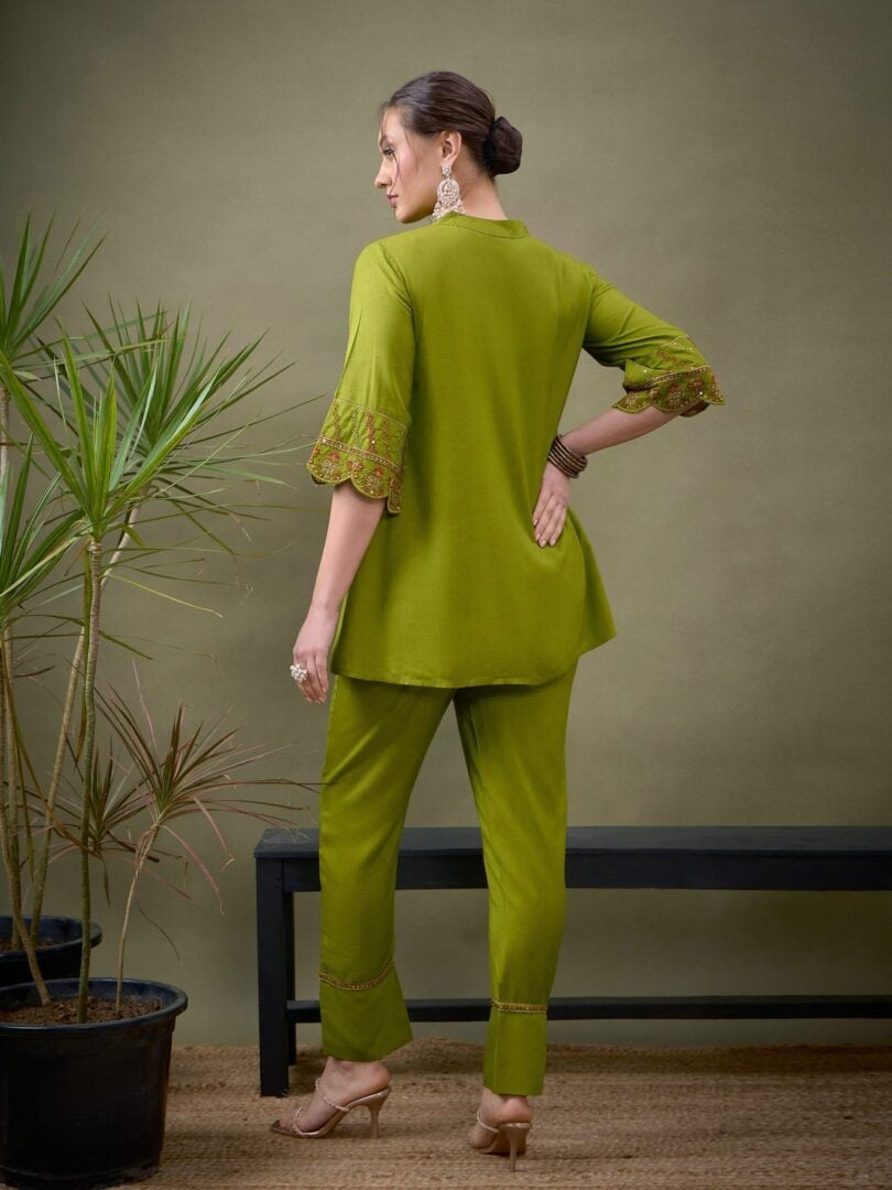 Women Green Sleeves Embroidered Shirt With Palazzos