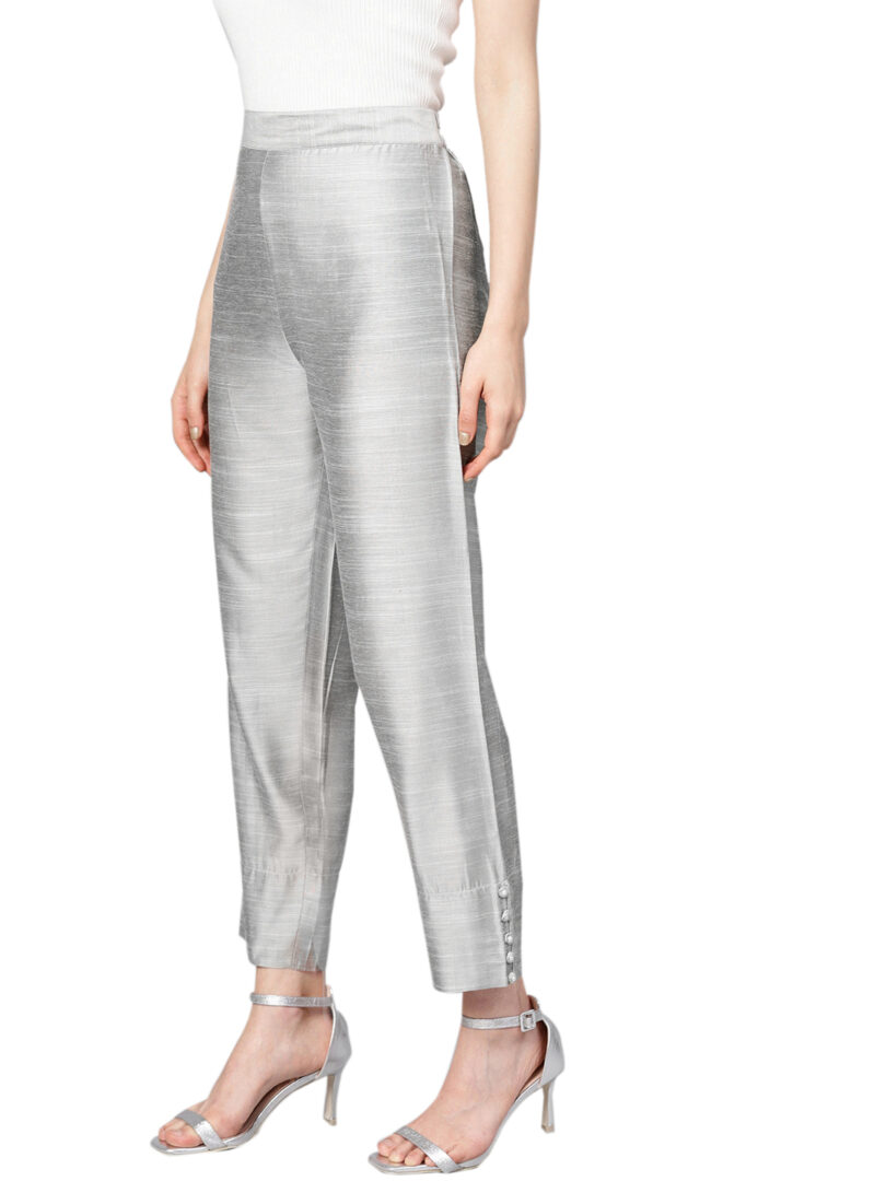 Women Silver Silk Regular Cropped Trousers