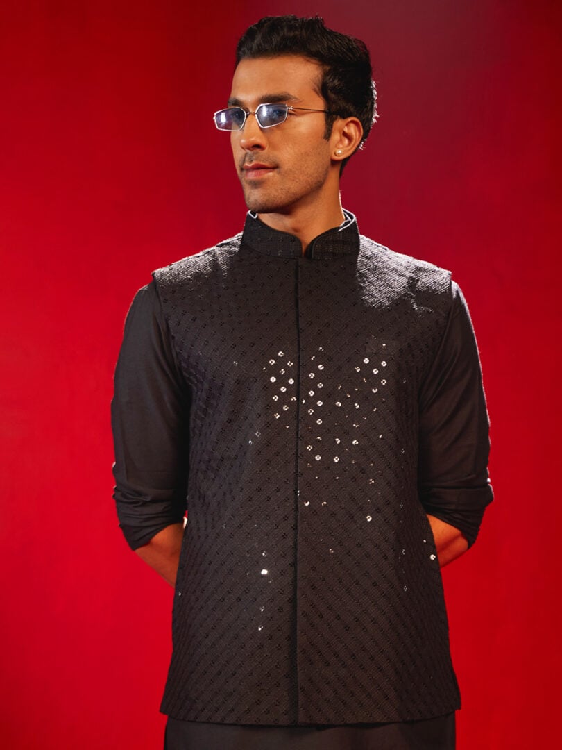 Men's Black Silk Blend Nehru Jacket