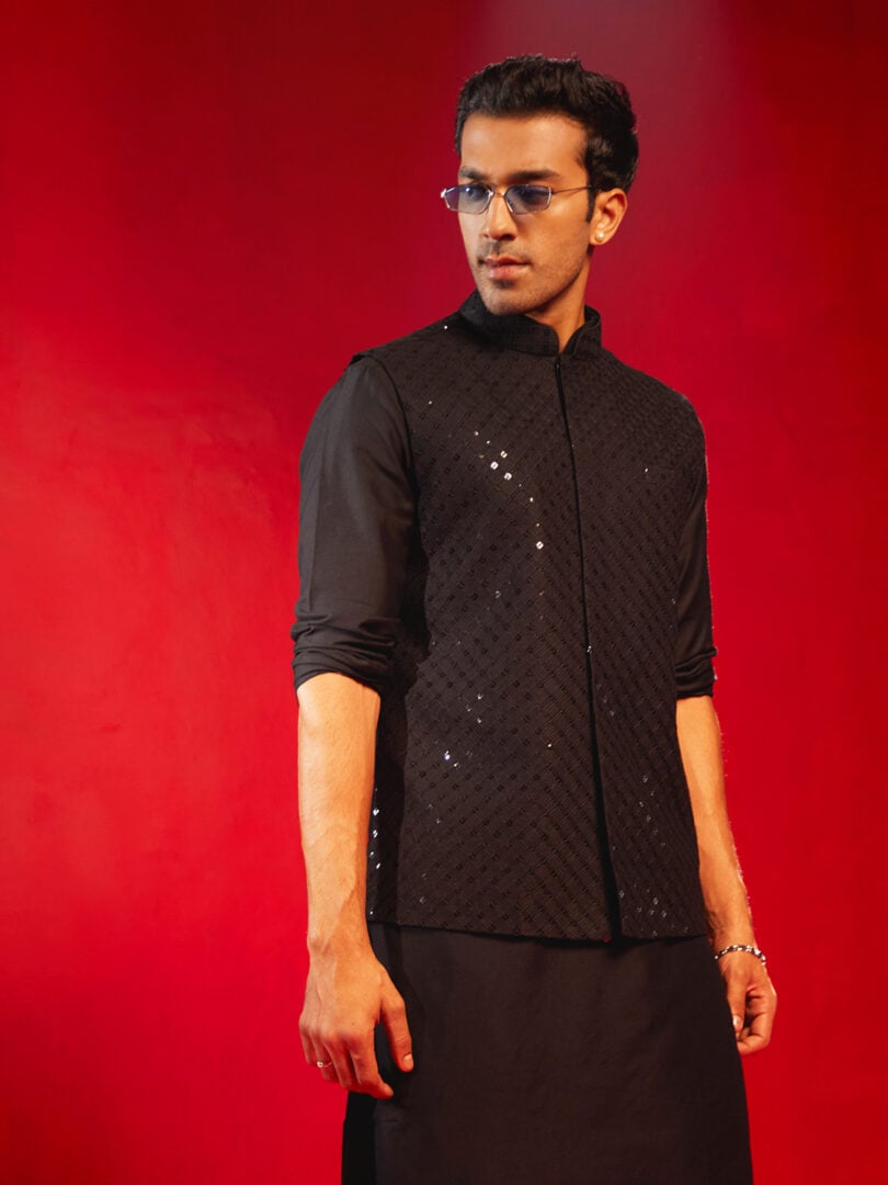 Men's Black Silk Blend Nehru Jacket