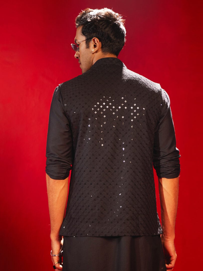 Men's Black Silk Blend Nehru Jacket