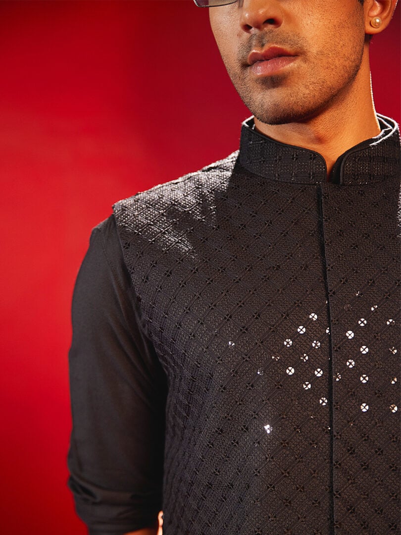 Men's Black Silk Blend Nehru Jacket