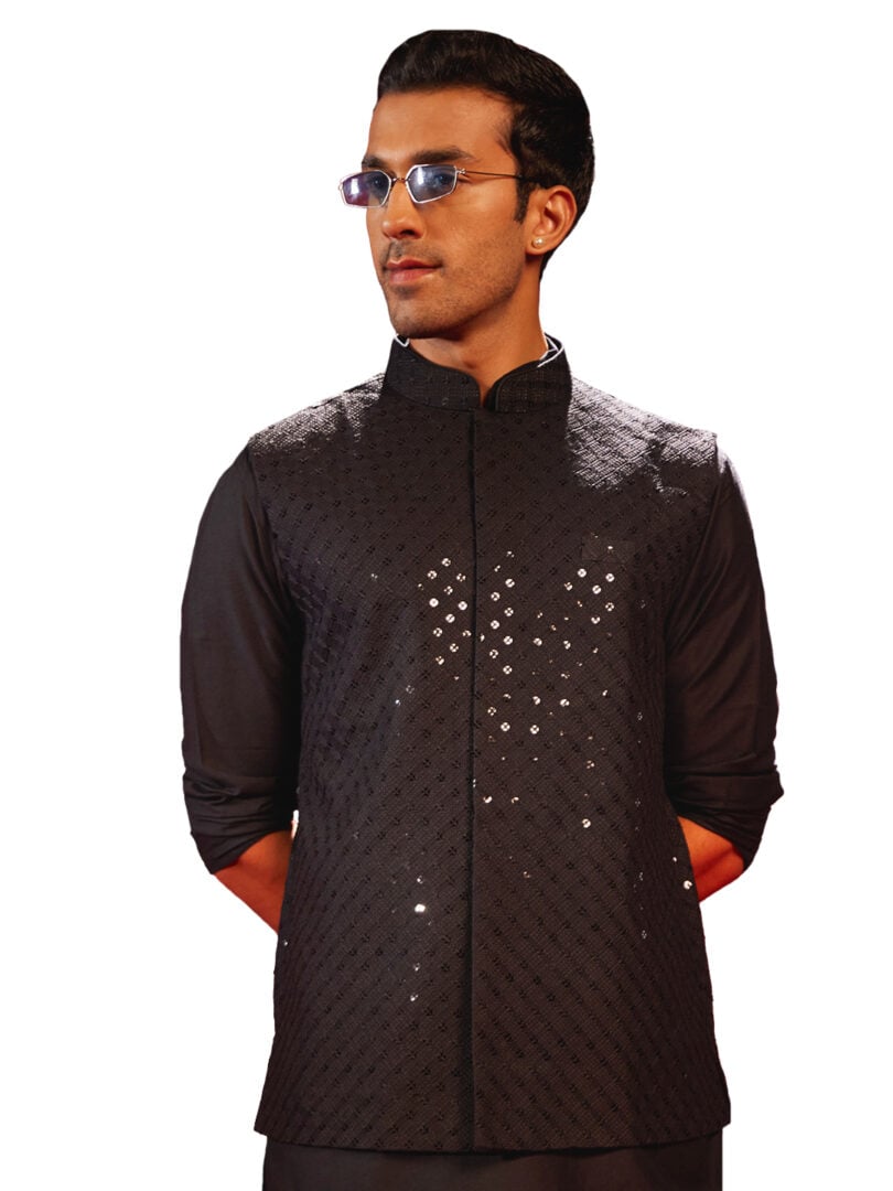 Men's Black Silk Blend Nehru Jacket