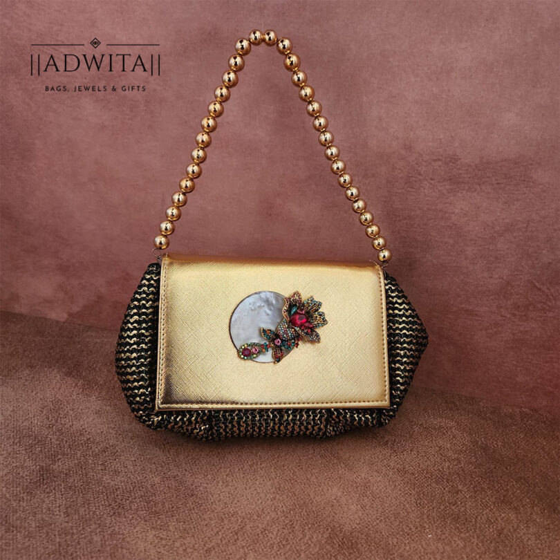 Batua Bag In Black And Gold With Vintage Rose