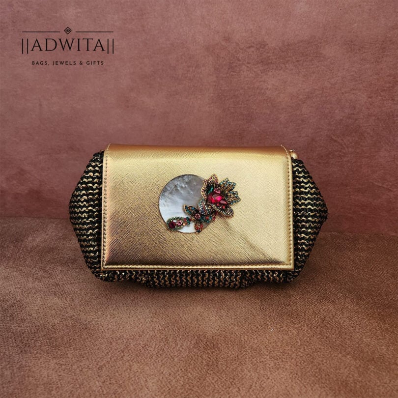 Batua Bag In Black And Gold With Vintage Rose