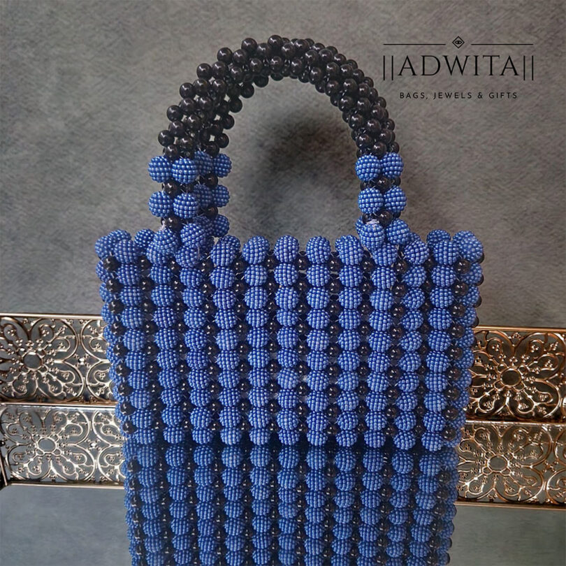 Woven Beaded Tote - Blue Black