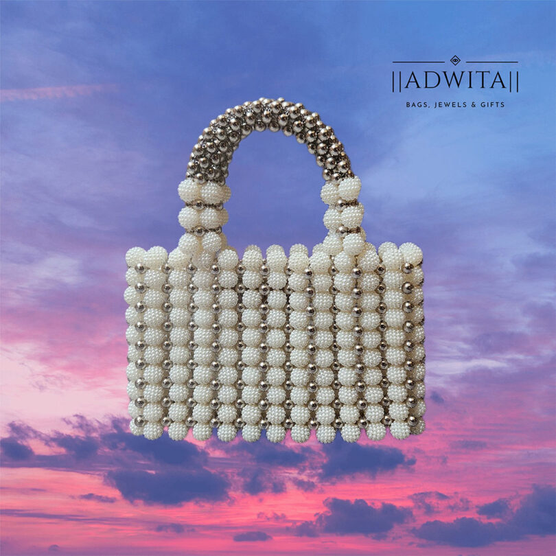 Woven Beaded Tote - White Silver