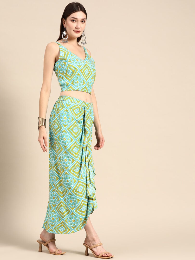 Shrug with crop top and dhoti skirt