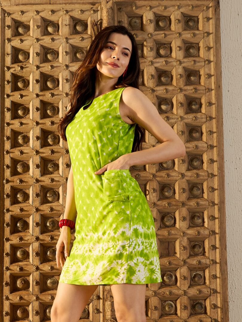 Kurta Neck Mini Dress with Side Pockets