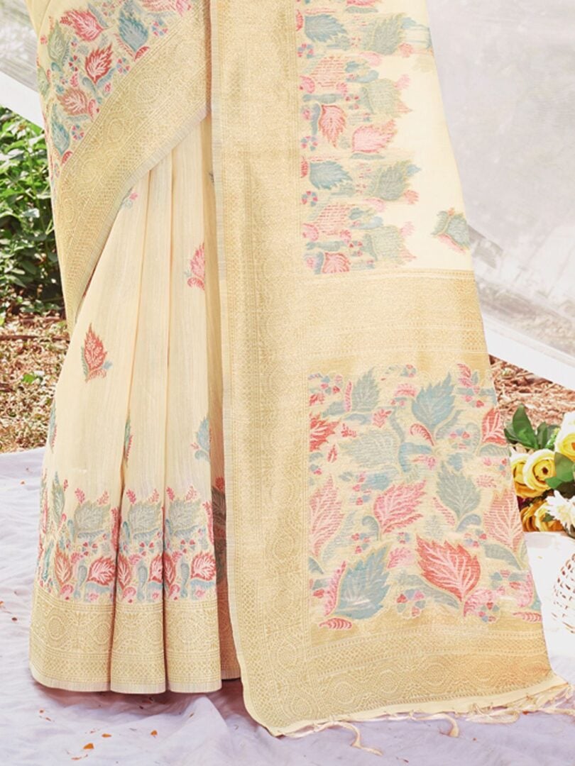 Off White Cotton Digital Print Traditional Tassels Saree