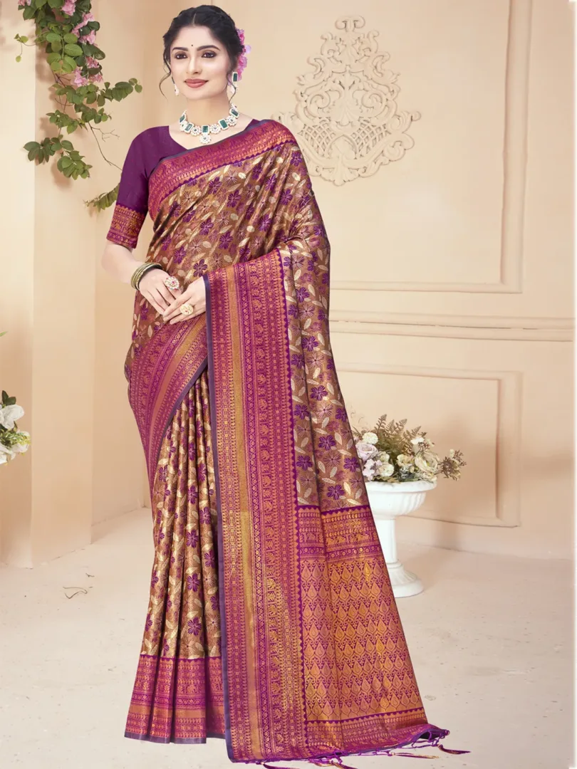 Wine Silk Woven Work Traditional Saree