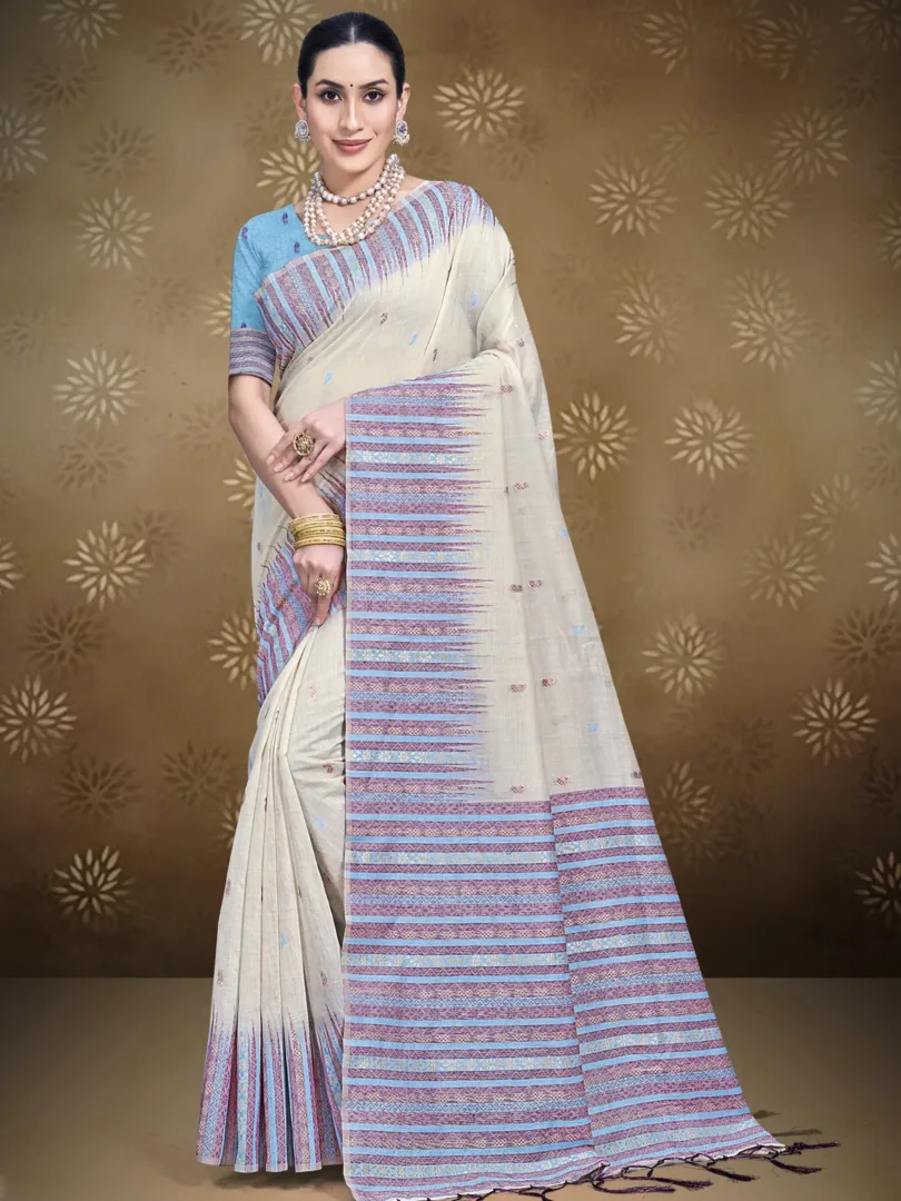 Cream Cotton Woven Work Traditional Saree