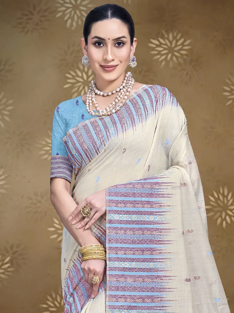 Cream Cotton Woven Work Traditional Saree