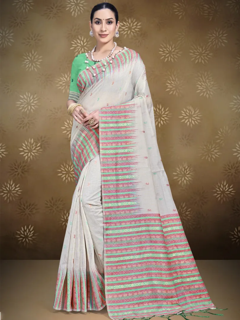 Cream Cotton Woven Work Traditional Saree