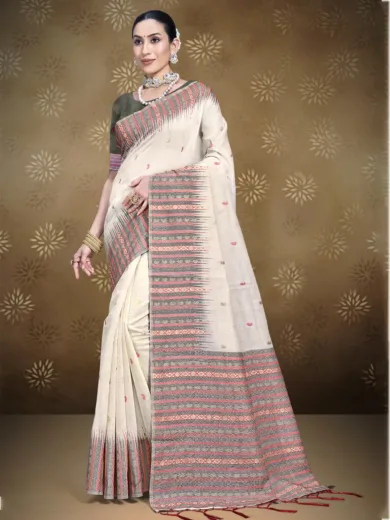 Cream Cotton Woven Work Traditional Saree